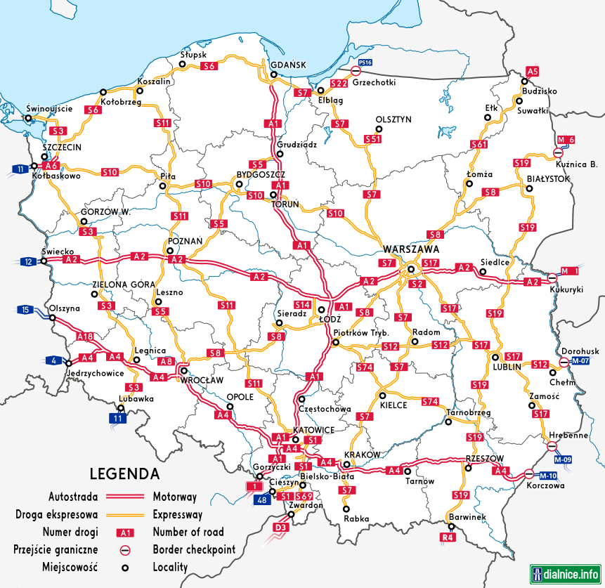 Plánovaná sieť diaľníc a rýchlociest v PL