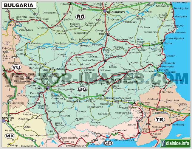 Bulharsko - mapa diaľníc a hlavných ciest