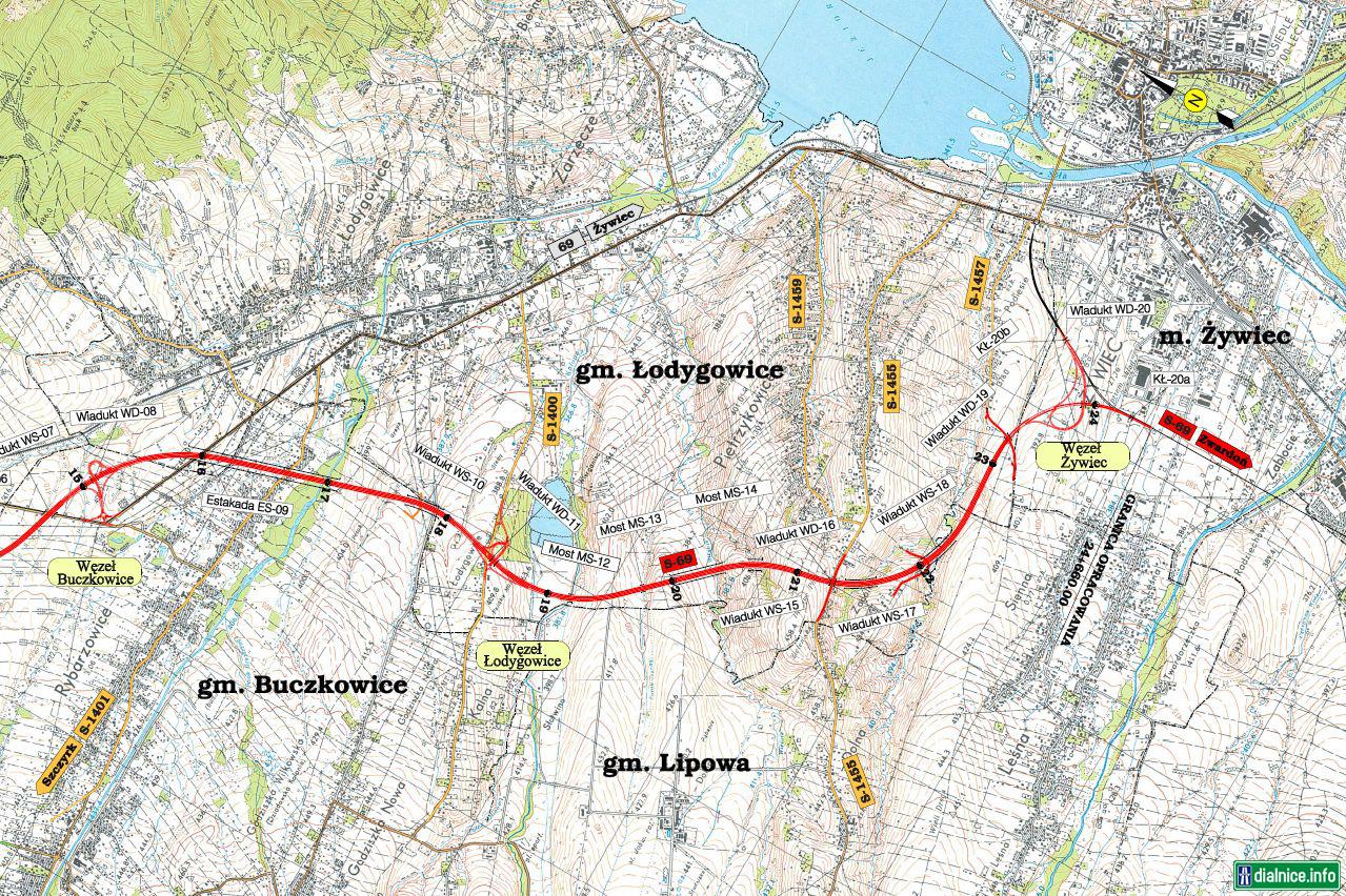 Priebeh trasy S69 medzi BielskoBiala - Zywiec
