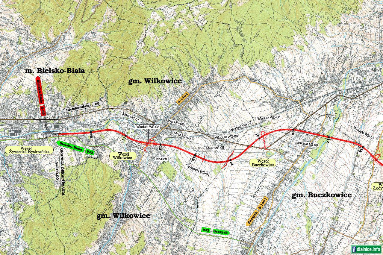 Priebeh trasy S69 medzi BielskoBiala - Zywiec